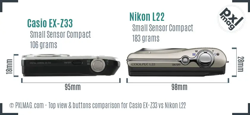 Casio EX-Z33 vs Nikon L22 top view buttons comparison