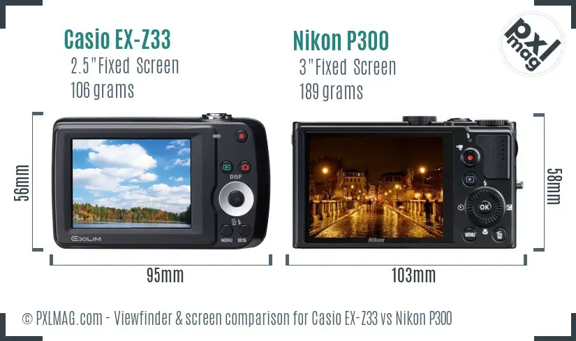 Casio EX-Z33 vs Nikon P300 Screen and Viewfinder comparison