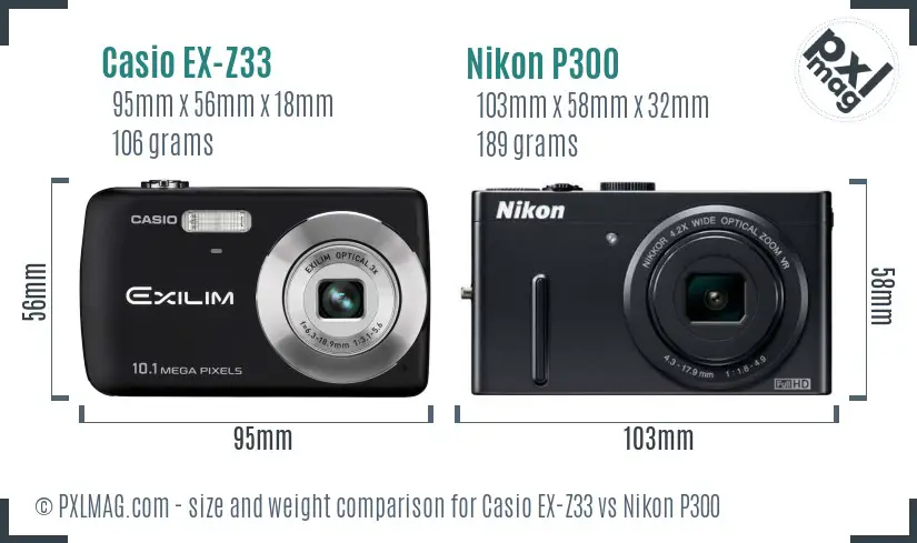 Casio EX-Z33 vs Nikon P300 size comparison