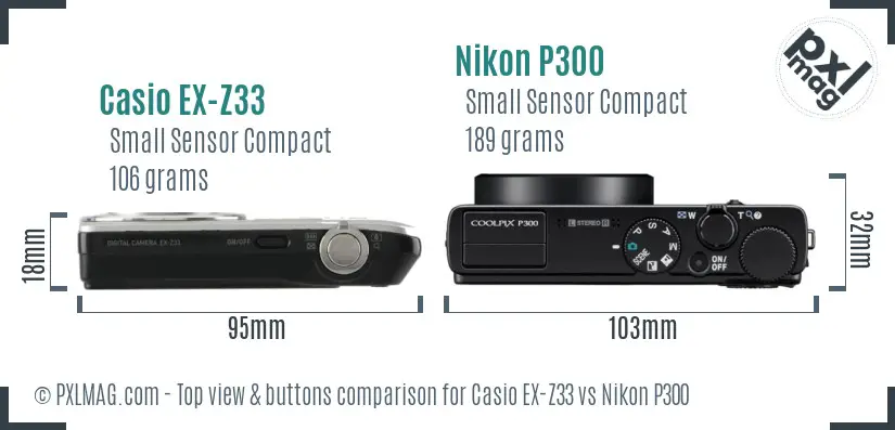 Casio EX-Z33 vs Nikon P300 top view buttons comparison