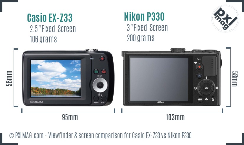 Casio EX-Z33 vs Nikon P330 Screen and Viewfinder comparison