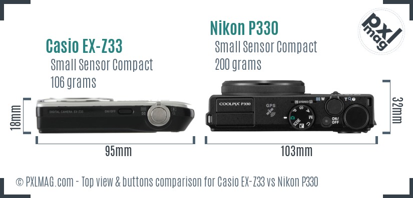 Casio EX-Z33 vs Nikon P330 top view buttons comparison