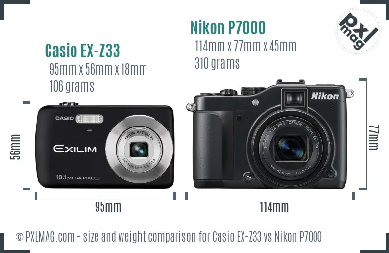 Casio EX-Z33 vs Nikon P7000 size comparison