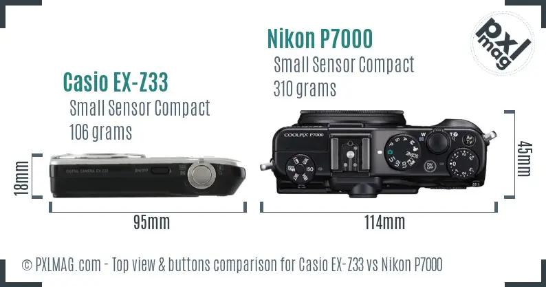 Casio EX-Z33 vs Nikon P7000 top view buttons comparison