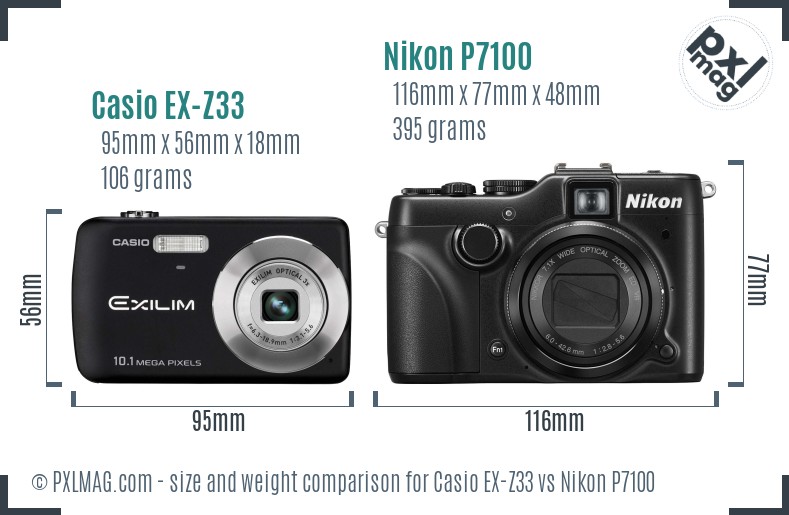 Casio EX-Z33 vs Nikon P7100 size comparison