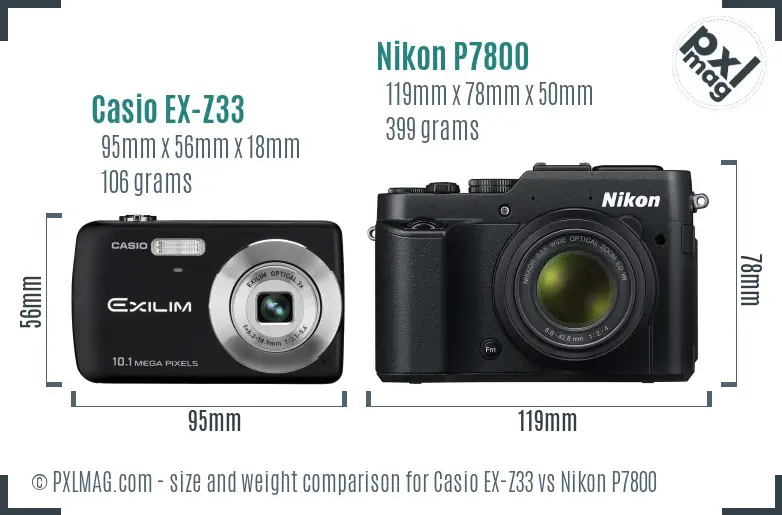Casio EX-Z33 vs Nikon P7800 size comparison