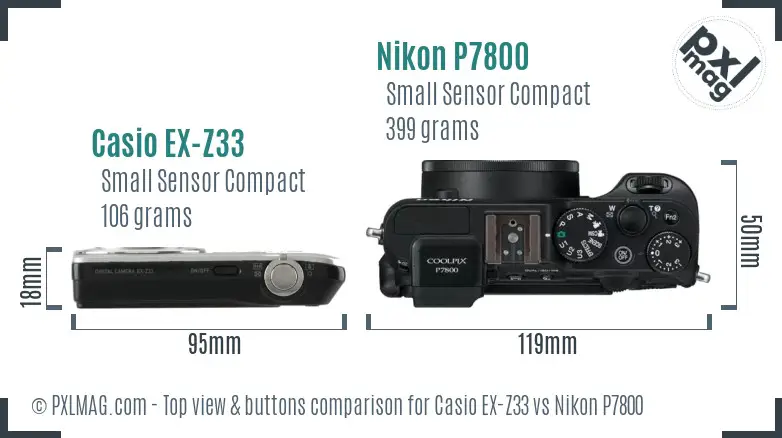 Casio EX-Z33 vs Nikon P7800 top view buttons comparison