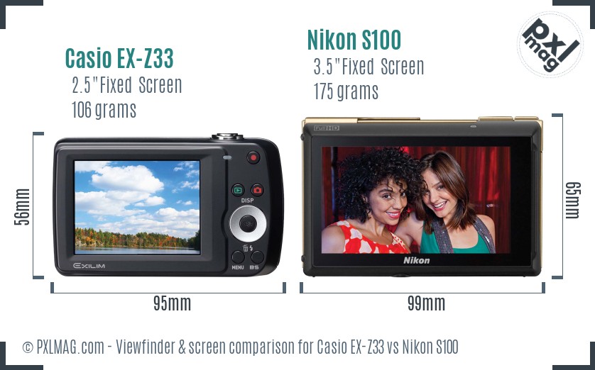 Casio EX-Z33 vs Nikon S100 Screen and Viewfinder comparison