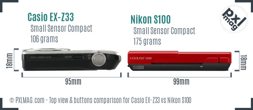 Casio EX-Z33 vs Nikon S100 top view buttons comparison