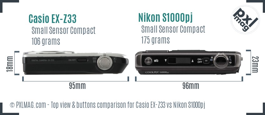 Casio EX-Z33 vs Nikon S1000pj top view buttons comparison