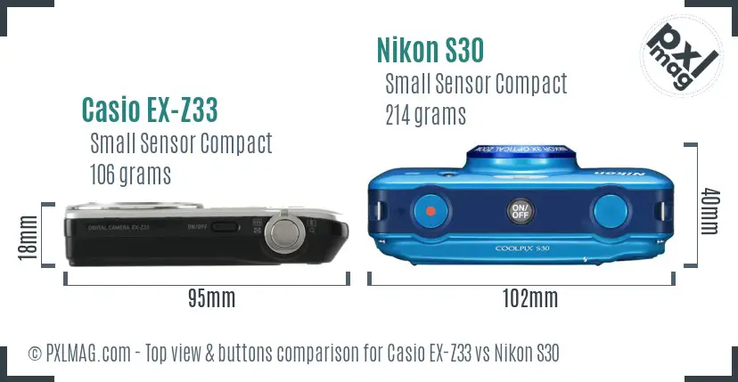 Casio EX-Z33 vs Nikon S30 top view buttons comparison Casio EX-Z33 vs Nikon S30 top view buttons comparison