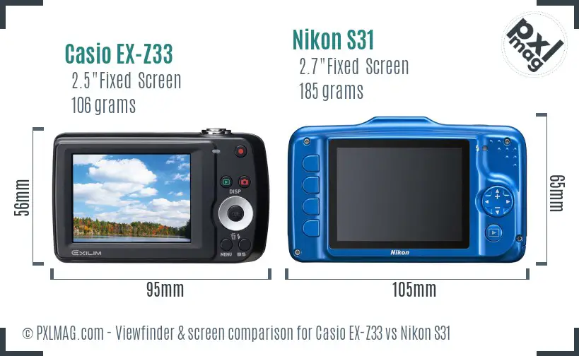 Casio EX-Z33 vs Nikon S31 Screen and Viewfinder comparison
