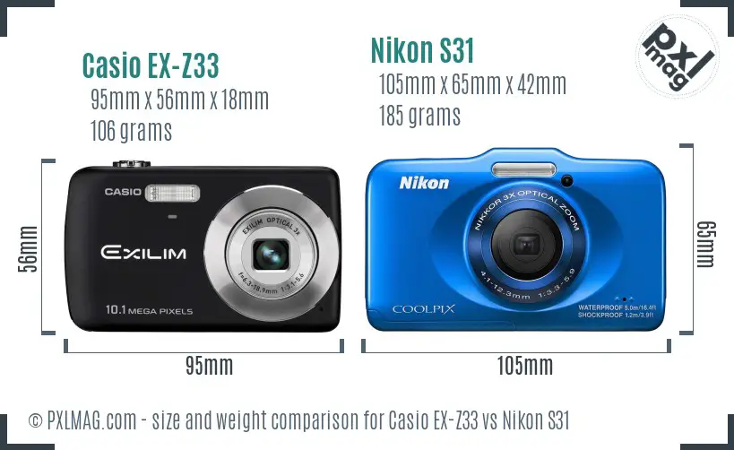 Casio EX-Z33 vs Nikon S31 size comparison