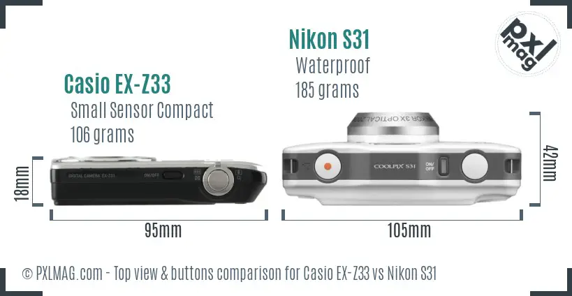 Casio EX-Z33 vs Nikon S31 top view buttons comparison
