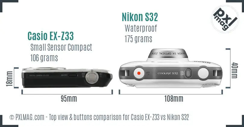 Casio EX-Z33 vs Nikon S32 top view buttons comparison Casio EX-Z33 vs Nikon S32 top view buttons comparison