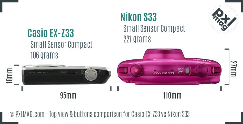 Casio EX-Z33 vs Nikon S33 top view buttons comparison