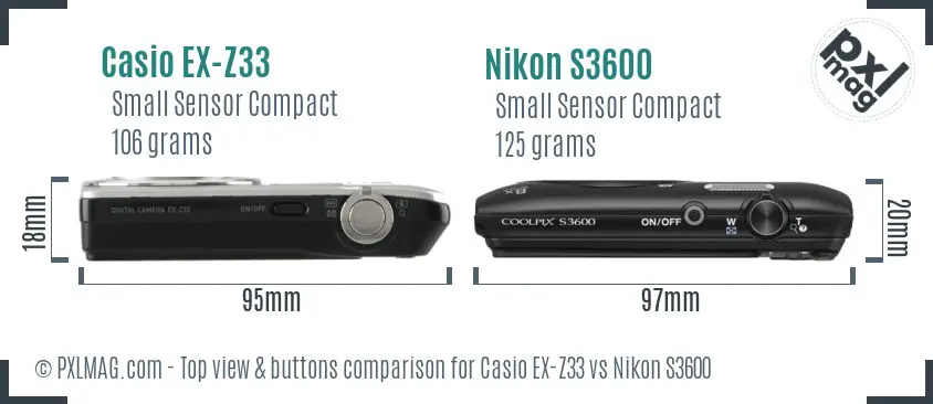 Casio EX-Z33 vs Nikon S3600 top view buttons comparison