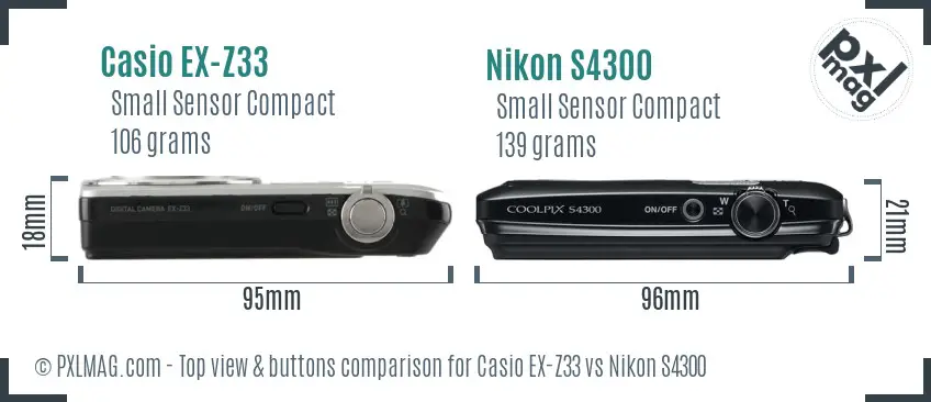 Casio EX-Z33 vs Nikon S4300 top view buttons comparison Casio EX-Z33 vs Nikon S4300 top view buttons comparison