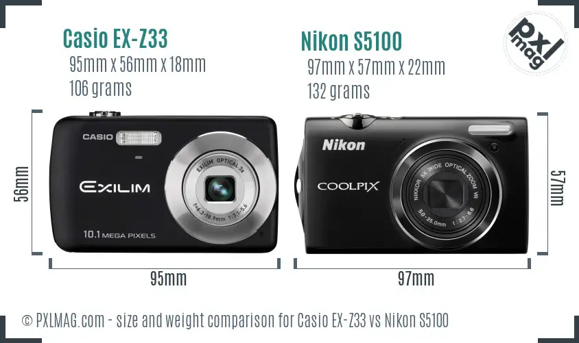 Casio EX-Z33 vs Nikon S5100 size comparison