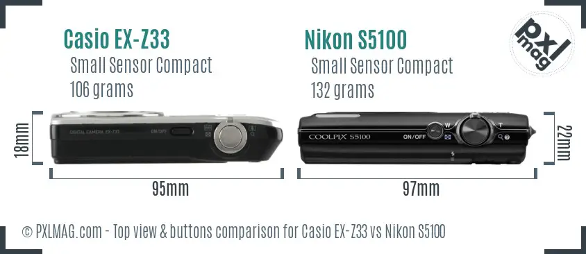 Casio EX-Z33 vs Nikon S5100 top view buttons comparison