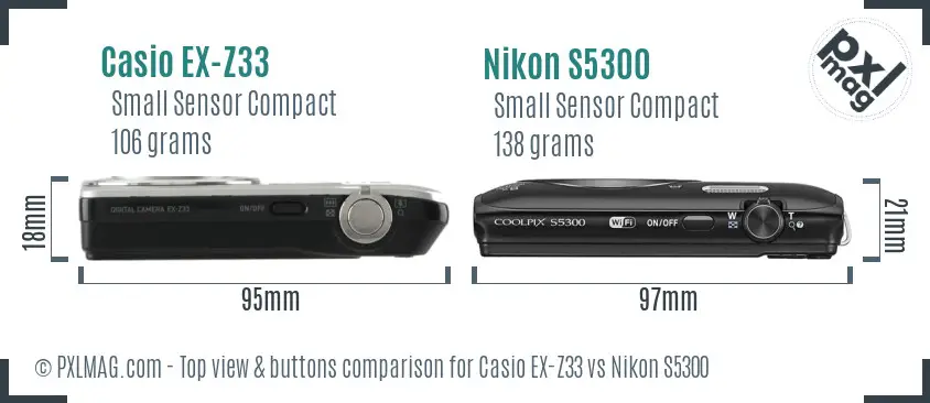 Casio EX-Z33 vs Nikon S5300 top view buttons comparison