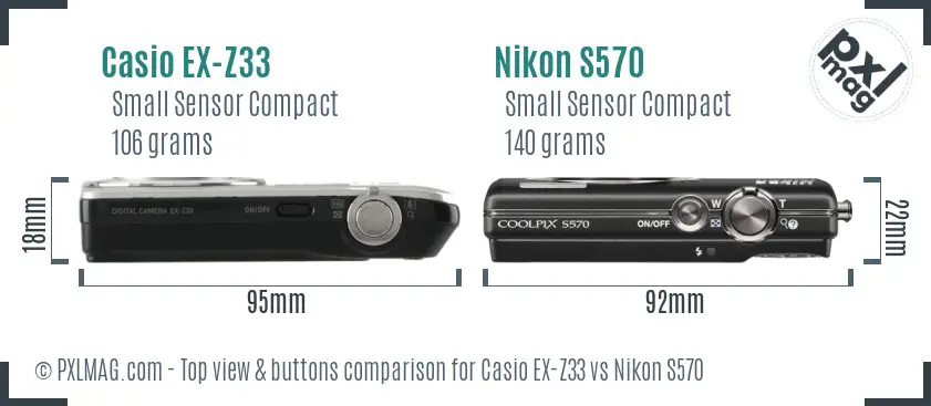 Casio EX-Z33 vs Nikon S570 top view buttons comparison