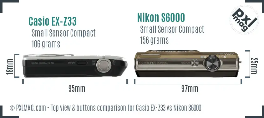 Casio EX-Z33 vs Nikon S6000 top view buttons comparison