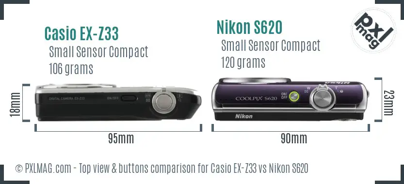 Casio EX-Z33 vs Nikon S620 top view buttons comparison Casio EX-Z33 vs Nikon S620 top view buttons comparison
