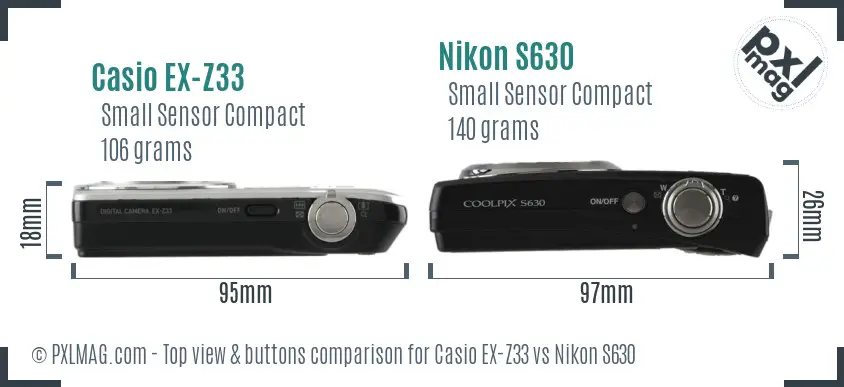 Casio EX-Z33 vs Nikon S630 top view buttons comparison Casio EX-Z33 vs Nikon S630 top view buttons comparison