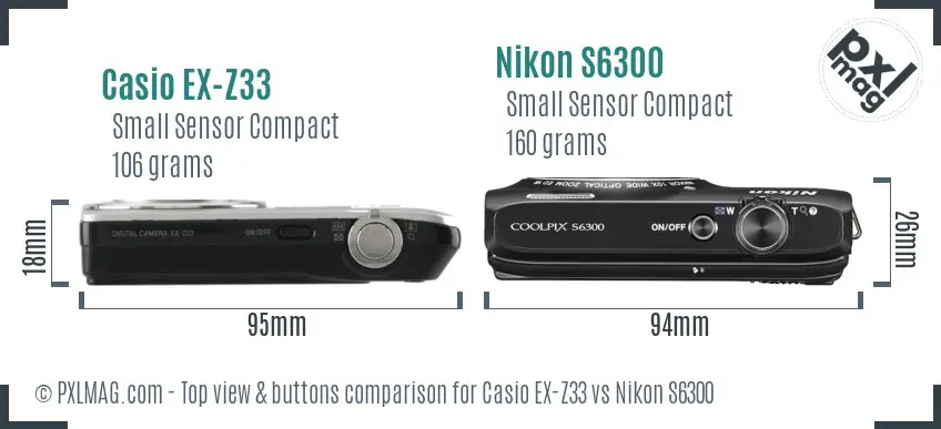 Casio EX-Z33 vs Nikon S6300 top view buttons comparison