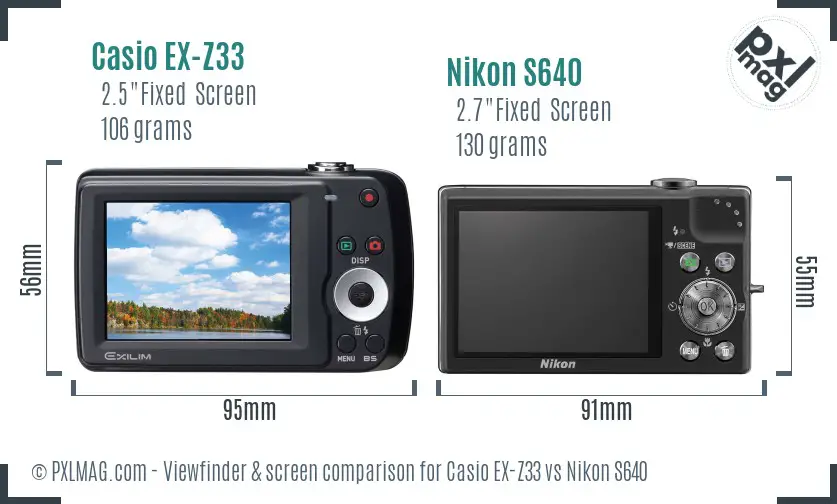 Casio EX-Z33 vs Nikon S640 Screen and Viewfinder comparison