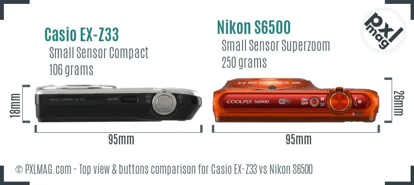 Casio EX-Z33 vs Nikon S6500 top view buttons comparison