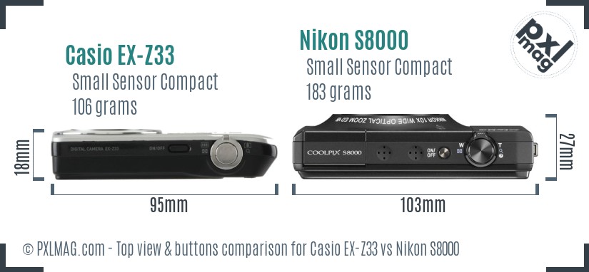 Casio EX-Z33 vs Nikon S8000 top view buttons comparison