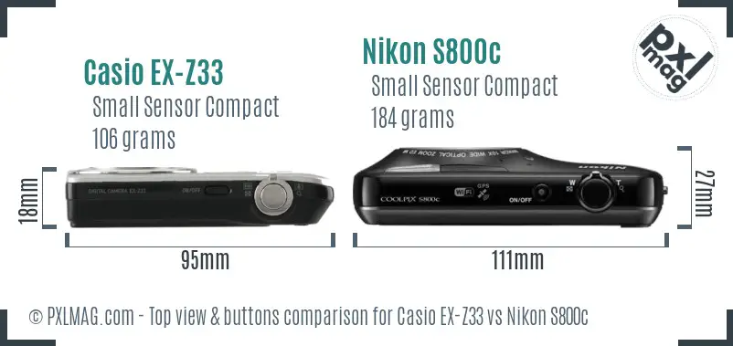 Casio EX-Z33 vs Nikon S800c top view buttons comparison