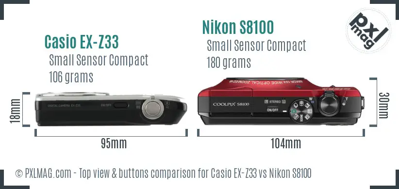 Casio EX-Z33 vs Nikon S8100 top view buttons comparison