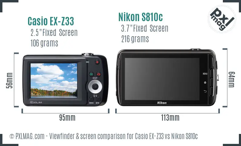 Casio EX-Z33 vs Nikon S810c Screen and Viewfinder comparison