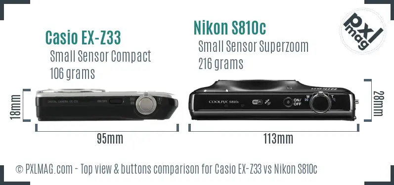 Casio EX-Z33 vs Nikon S810c top view buttons comparison