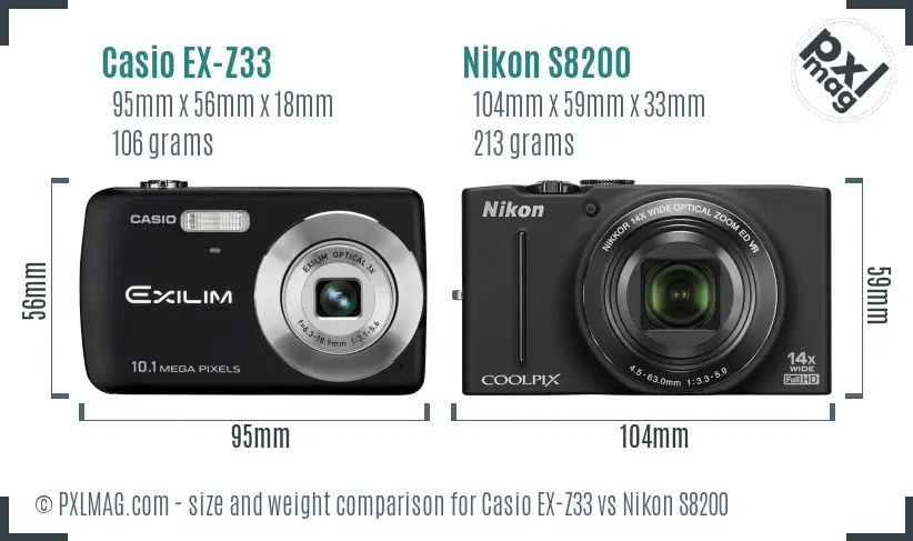 Casio EX-Z33 vs Nikon S8200 size comparison Casio EX-Z33 vs Nikon S8200 size comparison