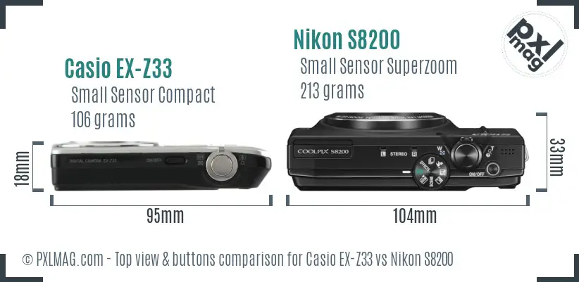 Casio EX-Z33 vs Nikon S8200 top view buttons comparison Casio EX-Z33 vs Nikon S8200 top view buttons comparison