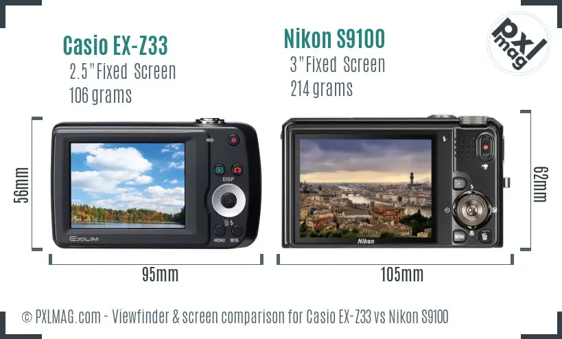 Casio EX-Z33 vs Nikon S9100 Screen and Viewfinder comparison