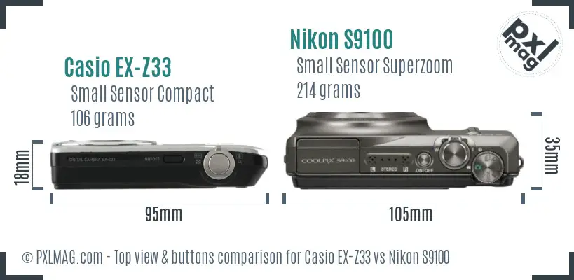 Casio EX-Z33 vs Nikon S9100 top view buttons comparison