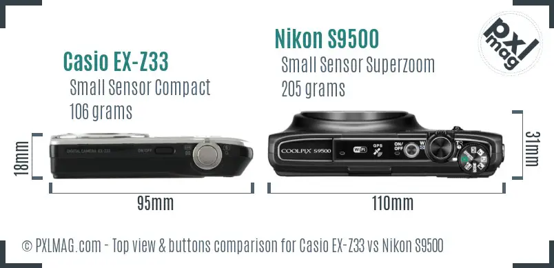 Casio EX-Z33 vs Nikon S9500 top view buttons comparison