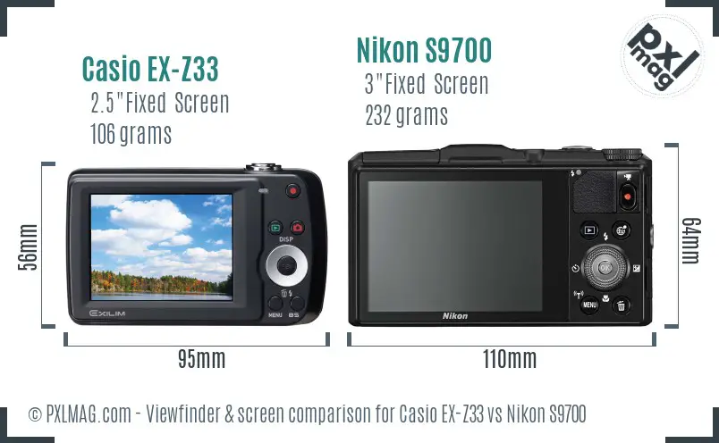 Casio EX-Z33 vs Nikon S9700 Screen and Viewfinder comparison