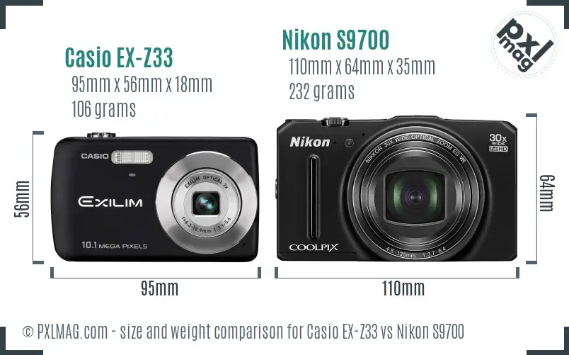 Casio EX-Z33 vs Nikon S9700 size comparison