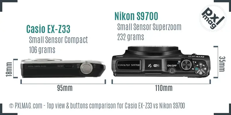 Casio EX-Z33 vs Nikon S9700 top view buttons comparison