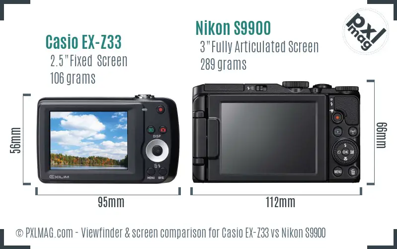Casio EX-Z33 vs Nikon S9900 Screen and Viewfinder comparison