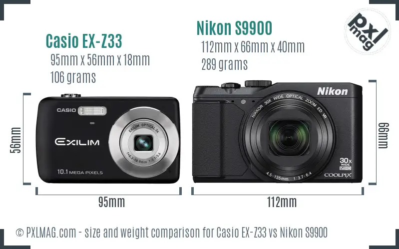Casio EX-Z33 vs Nikon S9900 size comparison