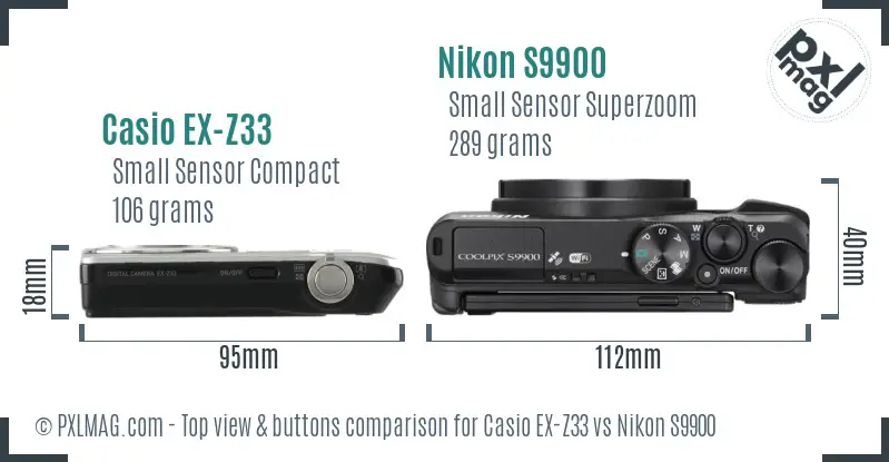 Casio EX-Z33 vs Nikon S9900 top view buttons comparison