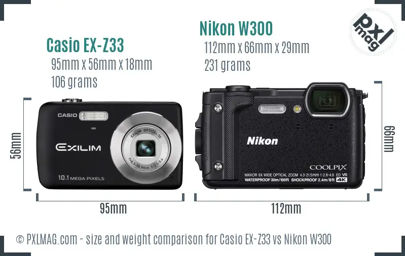 Casio EX-Z33 vs Nikon W300 size comparison