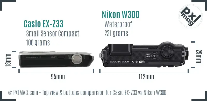 Casio EX-Z33 vs Nikon W300 top view buttons comparison